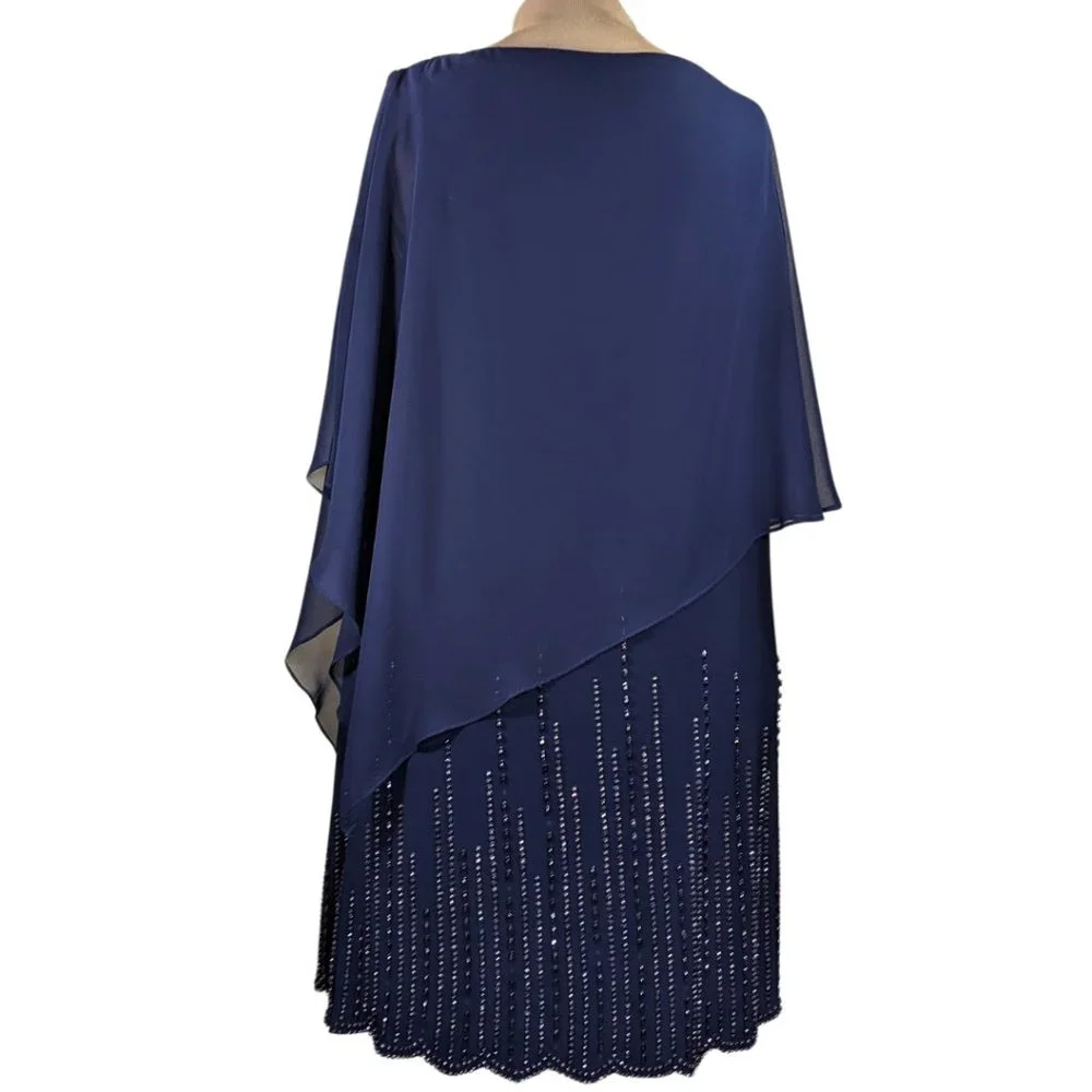Xscape 14W Navy Blue Mother of the Bride Layered Chiffon Beaded Lined Dress - Picture 2 of 12